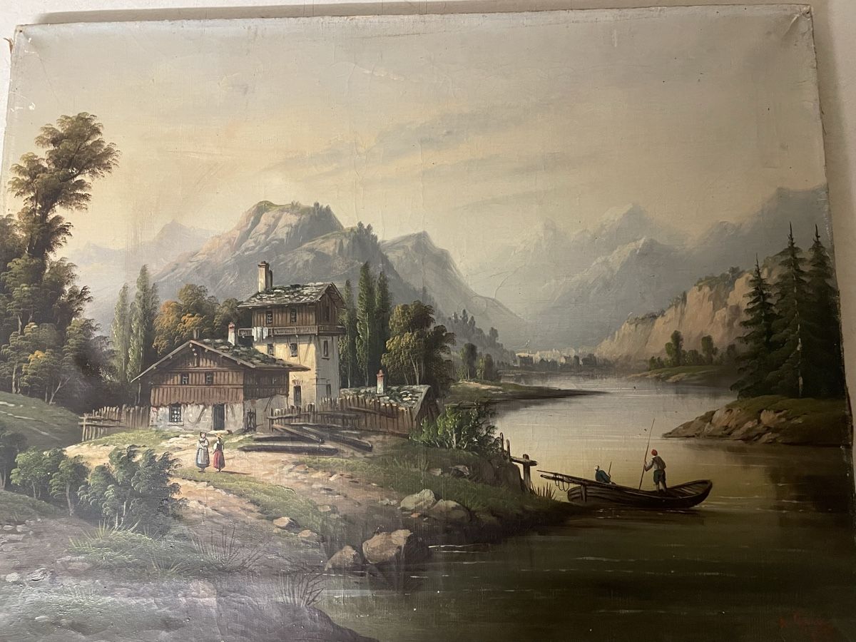 Altes GemäldeLandschaft mit See und Bergen